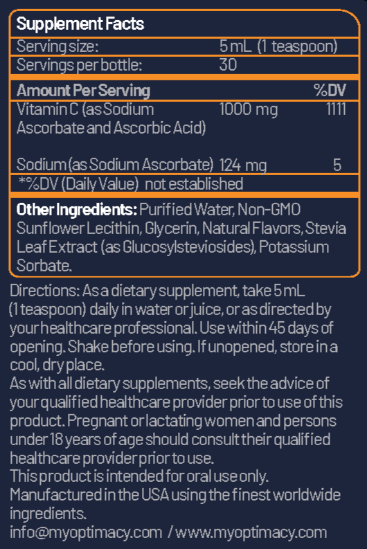 Liposomal Vitamin C supplement bottle with orange label, featuring capsules and the OPTIMACY brand logo.
