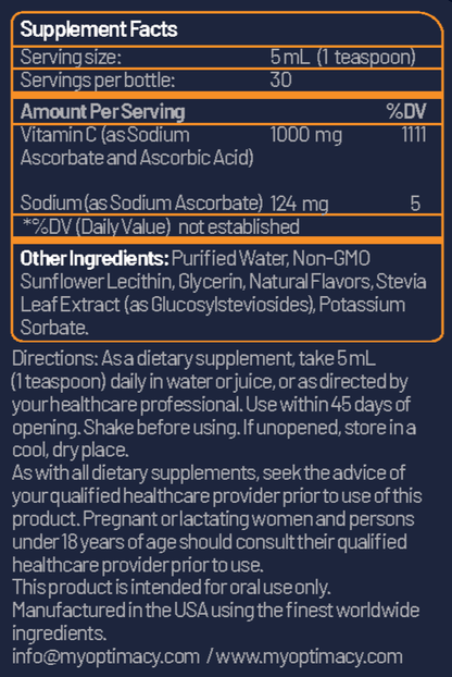 Liposomal Vitamin C supplement bottle with orange label, featuring capsules and the OPTIMACY brand logo.