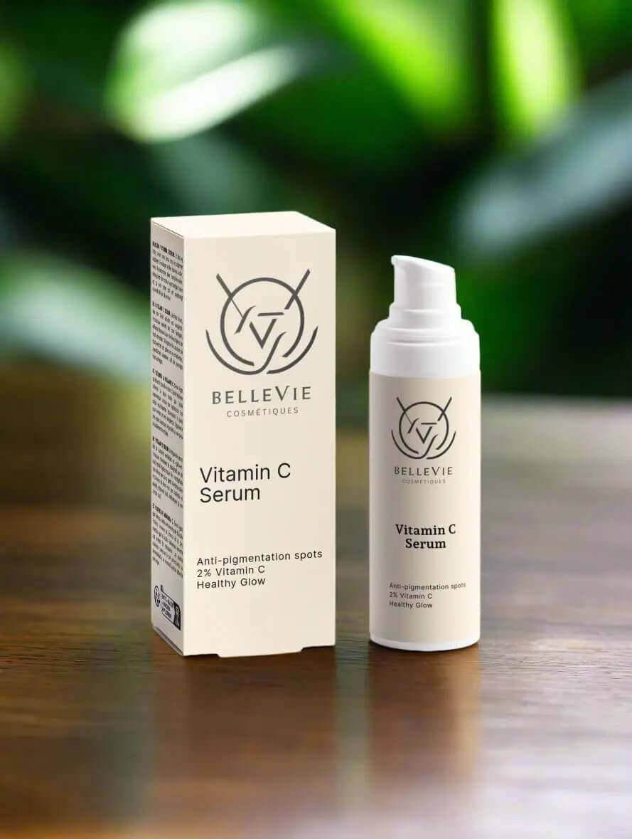 Belleviecosmetic Vitamin C serum for face, 30ml, featuring a clear bottle with bright orange serum for skin brightening and energizing.