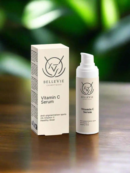 Belleviecosmetic Vitamin C serum for face, 30ml, featuring a clear bottle with bright orange serum for skin brightening and energizing.