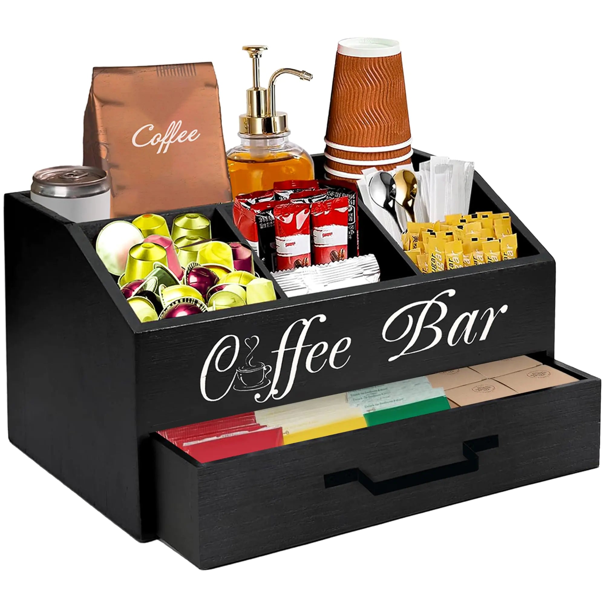ULLOA PRODUCTS Coffee Station Organizer - Black 8.3"x12.6"x11.8" Coffee Bar Wooden Organizer - Perfect Countertop Coffee Bar Accessories Organizer and Storage for Cups Coffee Pods Sugar and More