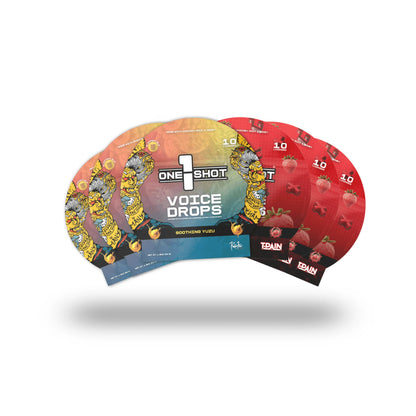 Image of the Voice Stack bundle by 1 Shot Energy, featuring multiple supplement bottles for vocal support and energy enhancement.