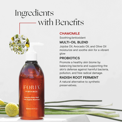 Foria Everyday Body Wash with organic botanicals, showing the bottle with botanical ingredients and natural plant elements.