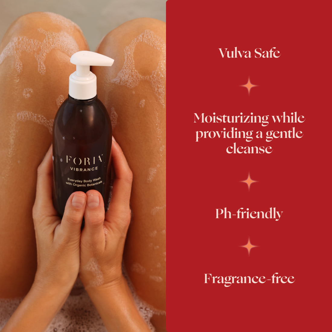 Foria Everyday Body Wash with Organic Botanicals, showing a sleek bottle with botanical ingredients on the label.