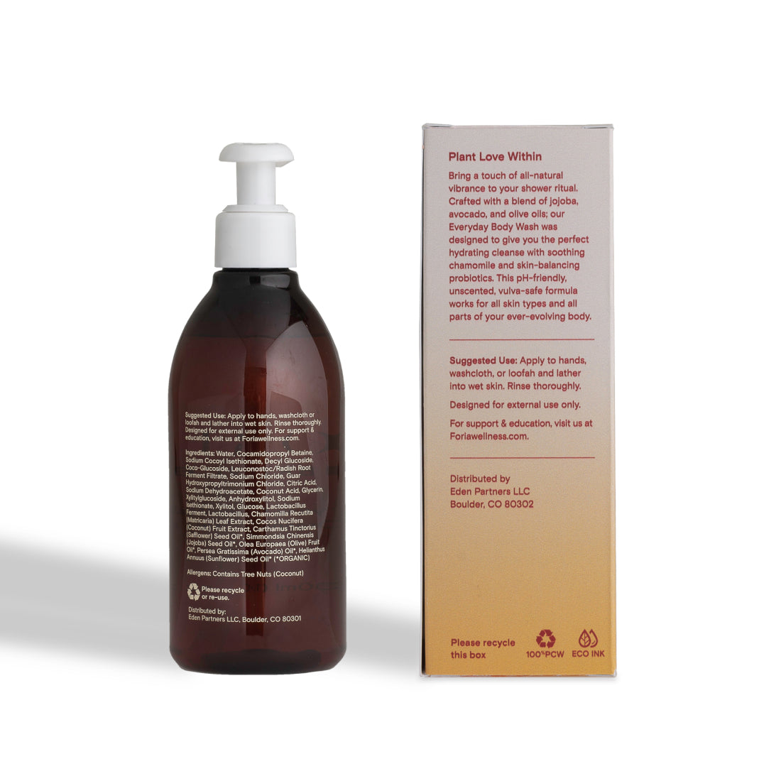 Foria Everyday Body Wash with Organic Botanicals, close-up of the product bottle with botanical ingredients on the label