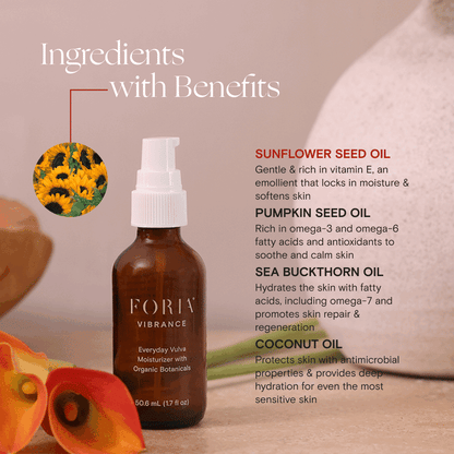 Foria Everyday Vulva Moisturizer with organic botanicals, showing ingredients in a clear, natural illustration.