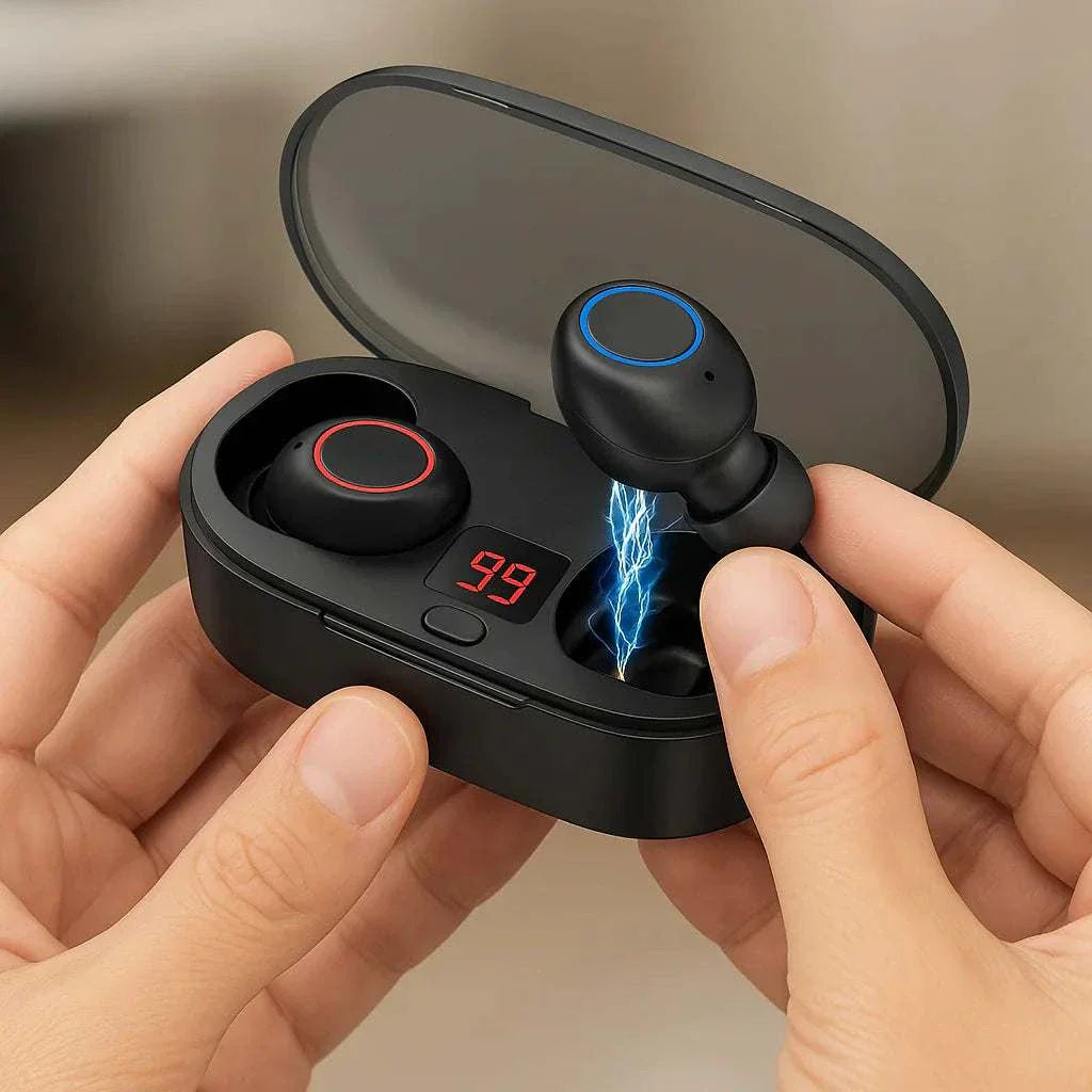 Wireless earbuds in black with charging case showing battery level and blue charging indicator light