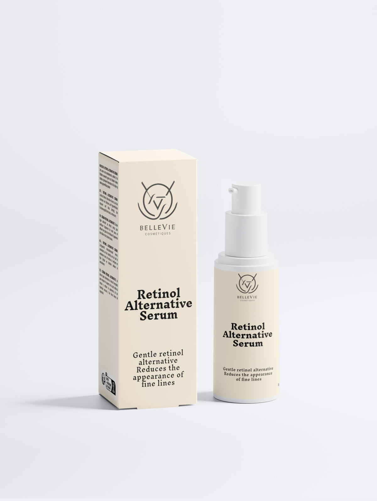 BelleVie Cosmétiques retinol alternative serum bottle, 30ml, with a sleek design for anti-aging and radiant skin.