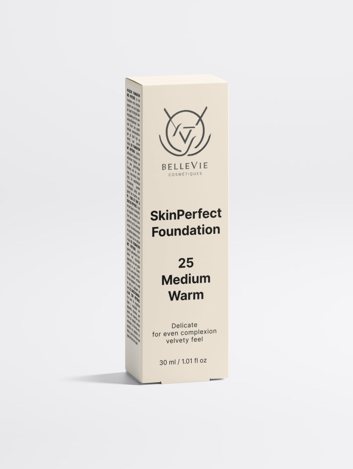 BelleVie Cosmétiques Peptide Skin-Perfecting Foundation in 25 Medium Warm with medium skin tone and golden undertone.