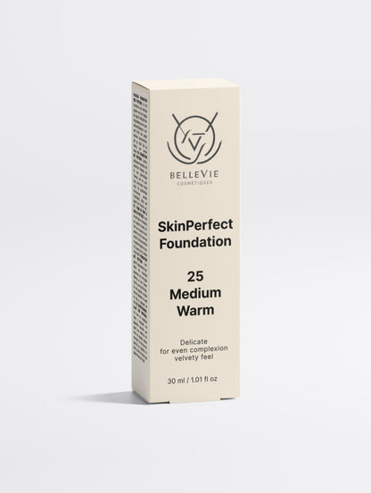 BelleVie Cosmétiques Peptide Skin-Perfecting Foundation in 25 Medium Warm with medium skin tone and golden undertone.