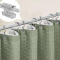 Sage green waffle textured 3-in-1 shower curtain set by BACKUPMYFILESNOW® displayed hanging in a bathroom.