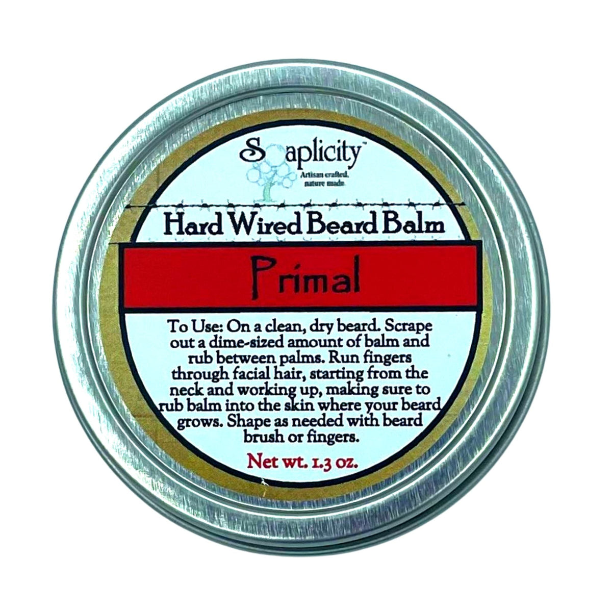 Hard wired beard balm by Soaplicity, natural grooming product in a tin for nourishing and styling men's beards.