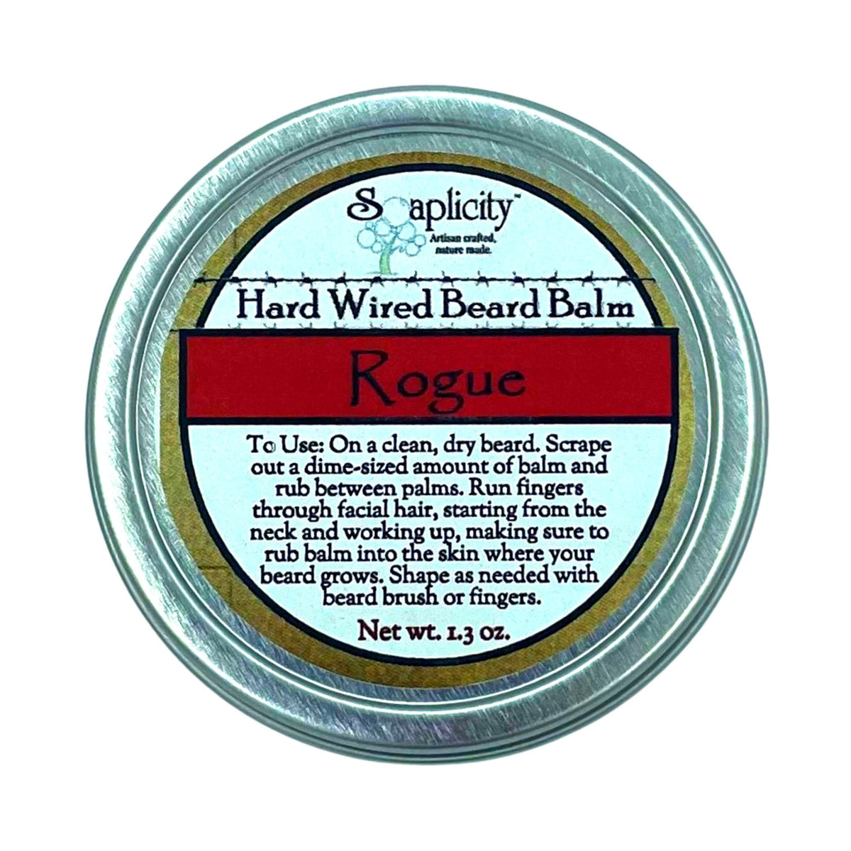 Soaplicity Rogue Hard Wired Beard Balm container with label, showcasing the beard balm for grooming and styling beards.