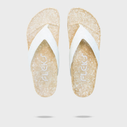 Fleks West Beach Flip Flop in oatmeal color, top and side view showing comfortable strap and textured sole.