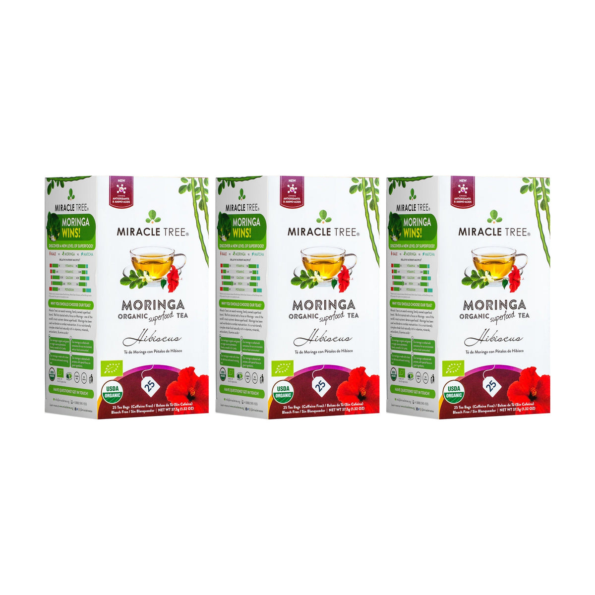 Organic Moringa and hibiscus herbal tea by Miracle Tree in a tea infuser cup with blooming hibiscus flowers.