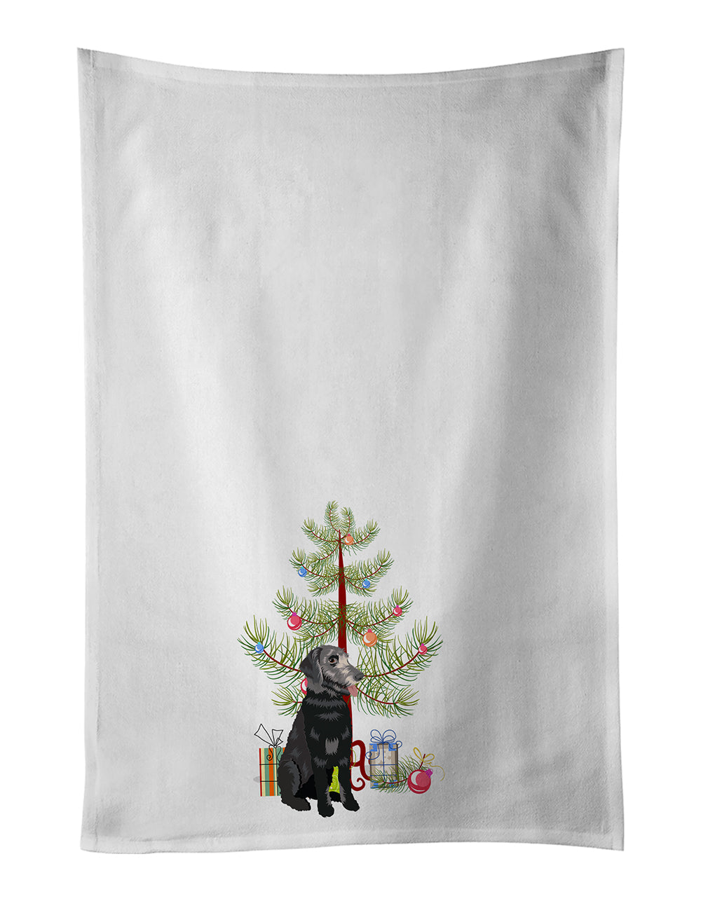 Set of two black and tan Schnauzer Christmas kitchen towels by Caroline's Treasures, featuring festive dog designs.