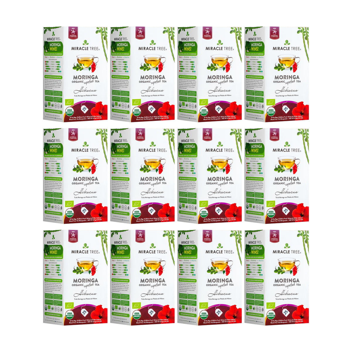 Organic Moringa and hibiscus herbal tea from Miracle Tree, caffeine-free, with vibrant tea leaves and dried hibiscus flowers.