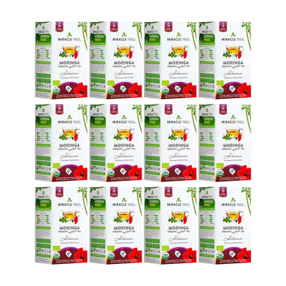 Organic Moringa and hibiscus herbal tea from Miracle Tree, caffeine-free, with vibrant tea leaves and dried hibiscus flowers.