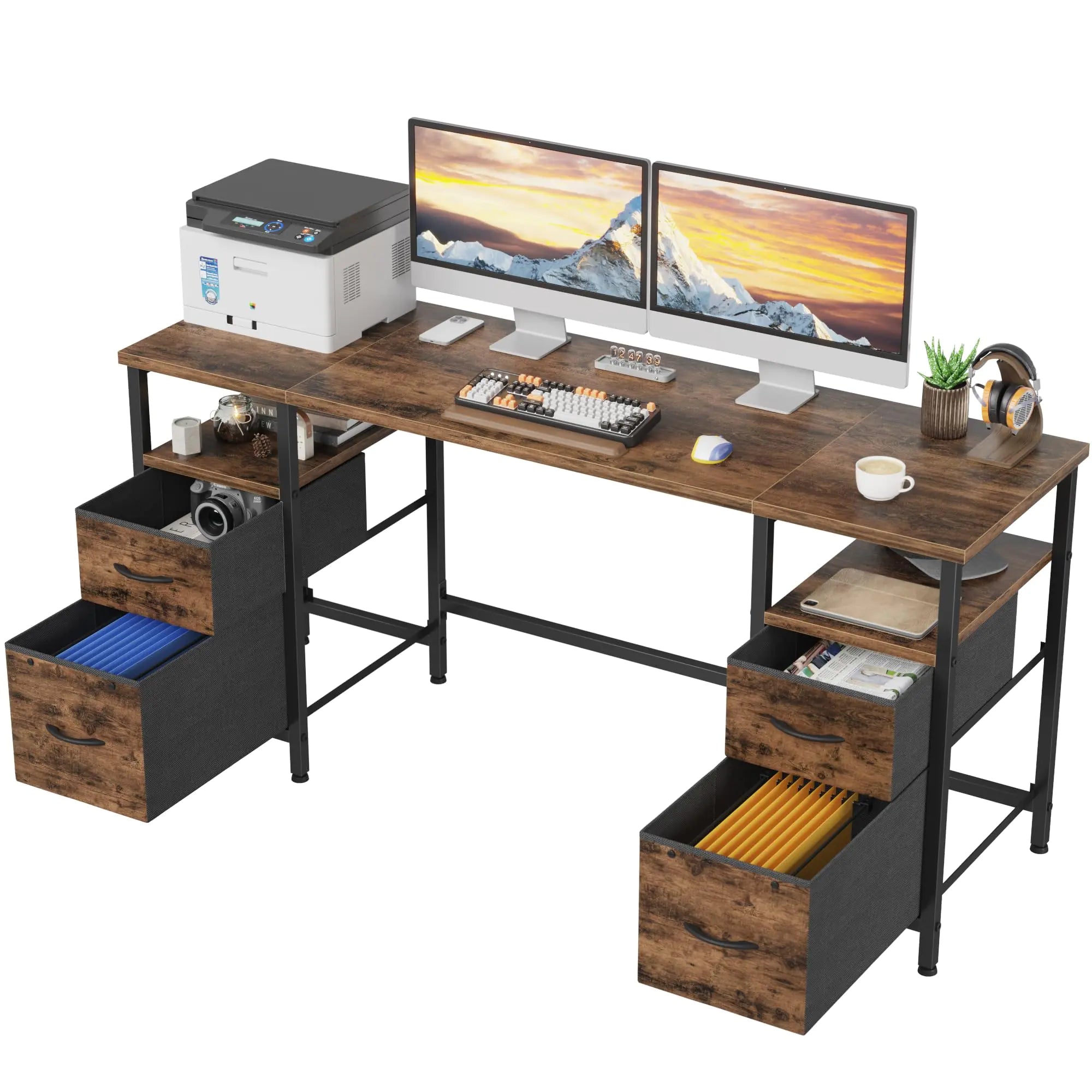 YAOHUOO 63 Office Desk with 4 Fabric File Drawers - File Drawer Organization Computer Work Desk Study Writing Table Home Office Workstation Rustic Brown