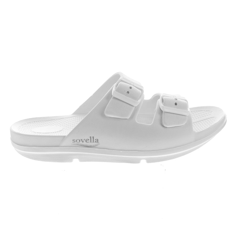 Women's Sovella Active Recovery Sandals by Lucky Feet Shoes, white slide with adjustable PF buckle for comfortable recovery wear.