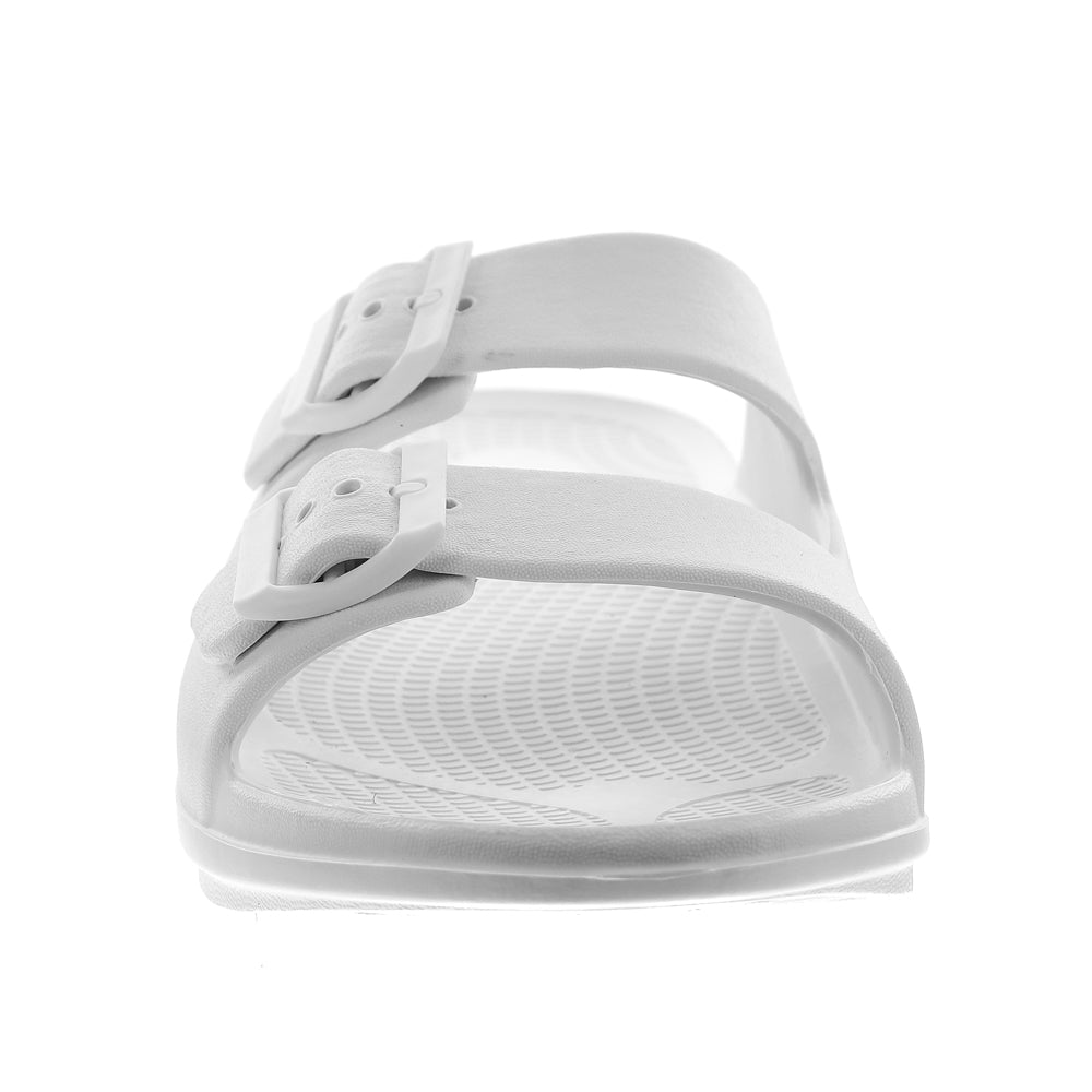 Women's Sovella Active Recovery Sandals by Lucky Feet Shoes, white slide with adjustable PF buckle for comfort and support.