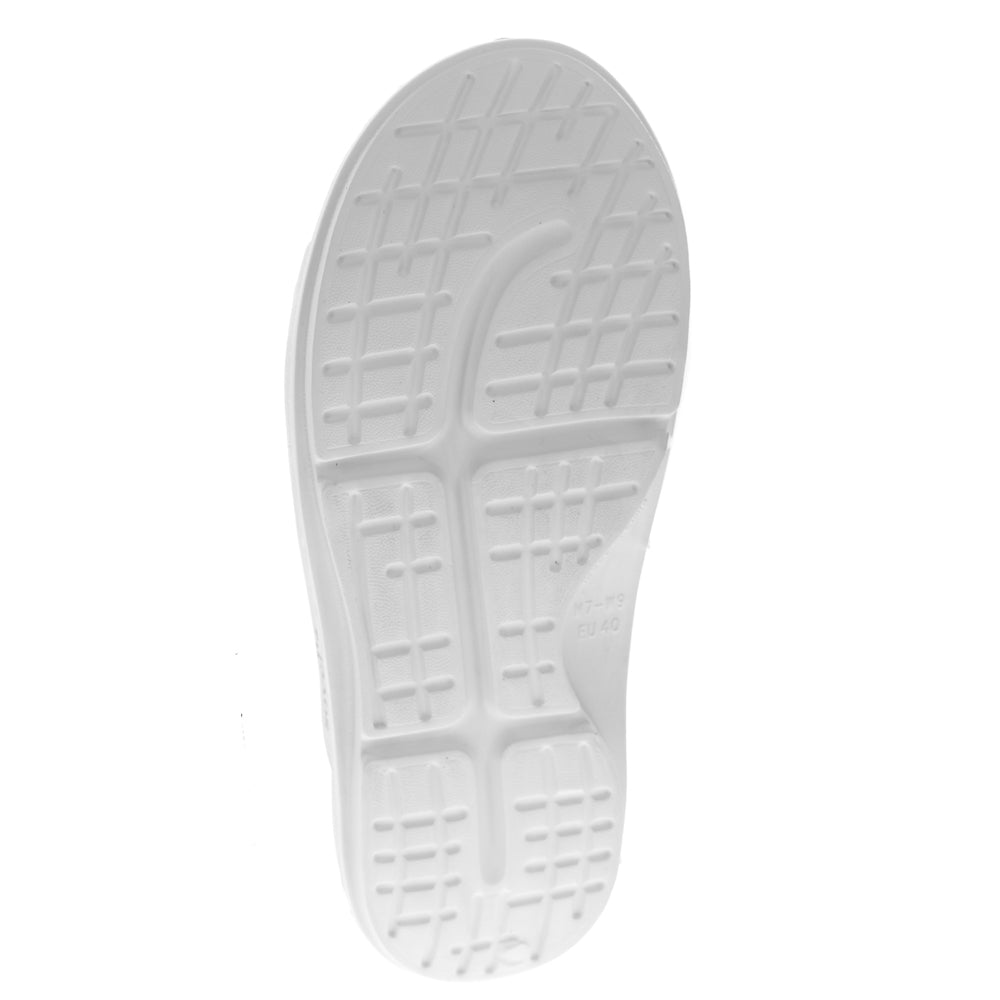 White Sovella Active Recovery Sandals for women with adjustable buckle, designed for comfort and recovery by Lucky Feet Shoes.
