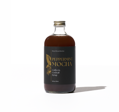 Wood Stove Kitchen Peppermint Mocha syrup for coffee and cocktails, 16 fl oz, rich peppermint and chocolate flavor.