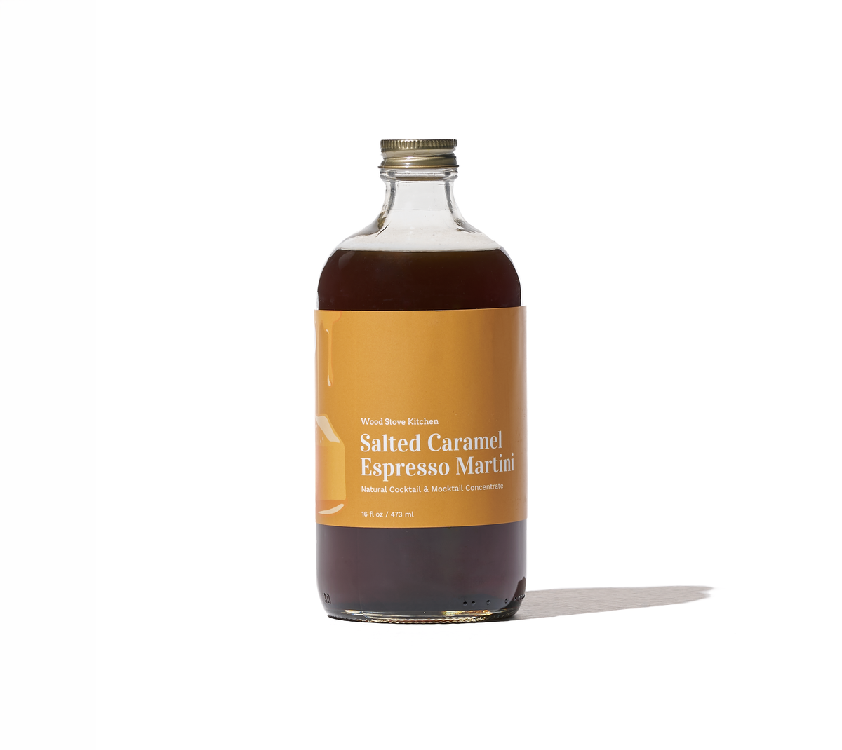 Salted caramel espresso martini cocktail and mocktail mixer by Wood Stove Kitchen, 16oz bottle with caramel and espresso flavor.