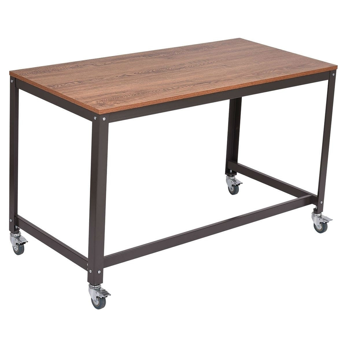 Industrial modern steel frame wood top computer desk with locking wheels, featuring a sleek design and sturdy construction.