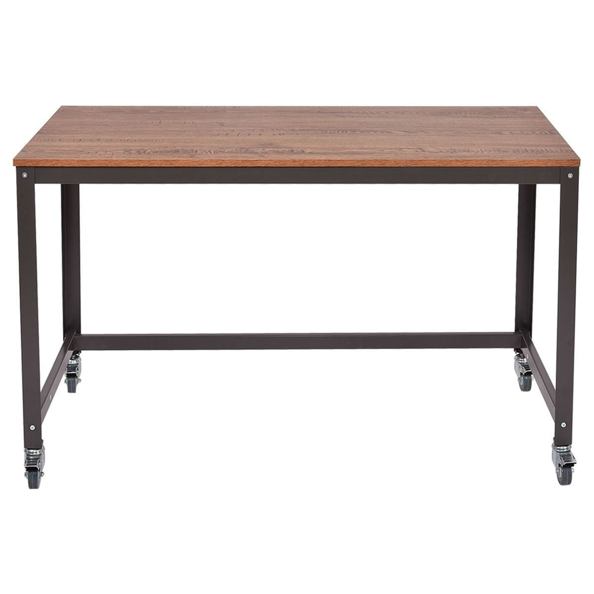 Industrial modern steel frame wood top computer desk with locking wheels, by BACKUPMYFILESNOW®