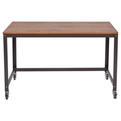 Industrial modern steel frame wood top computer desk with locking wheels, by BACKUPMYFILESNOW®