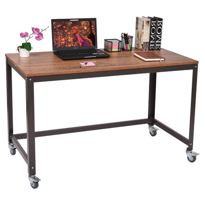Industrial modern steel frame wood top computer desk with locking wheels by BACKUPMYFILESNOW® shown from a side view