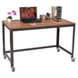 Industrial modern steel frame wood top computer desk with locking wheels by BACKUPMYFILESNOW® shown from a side view