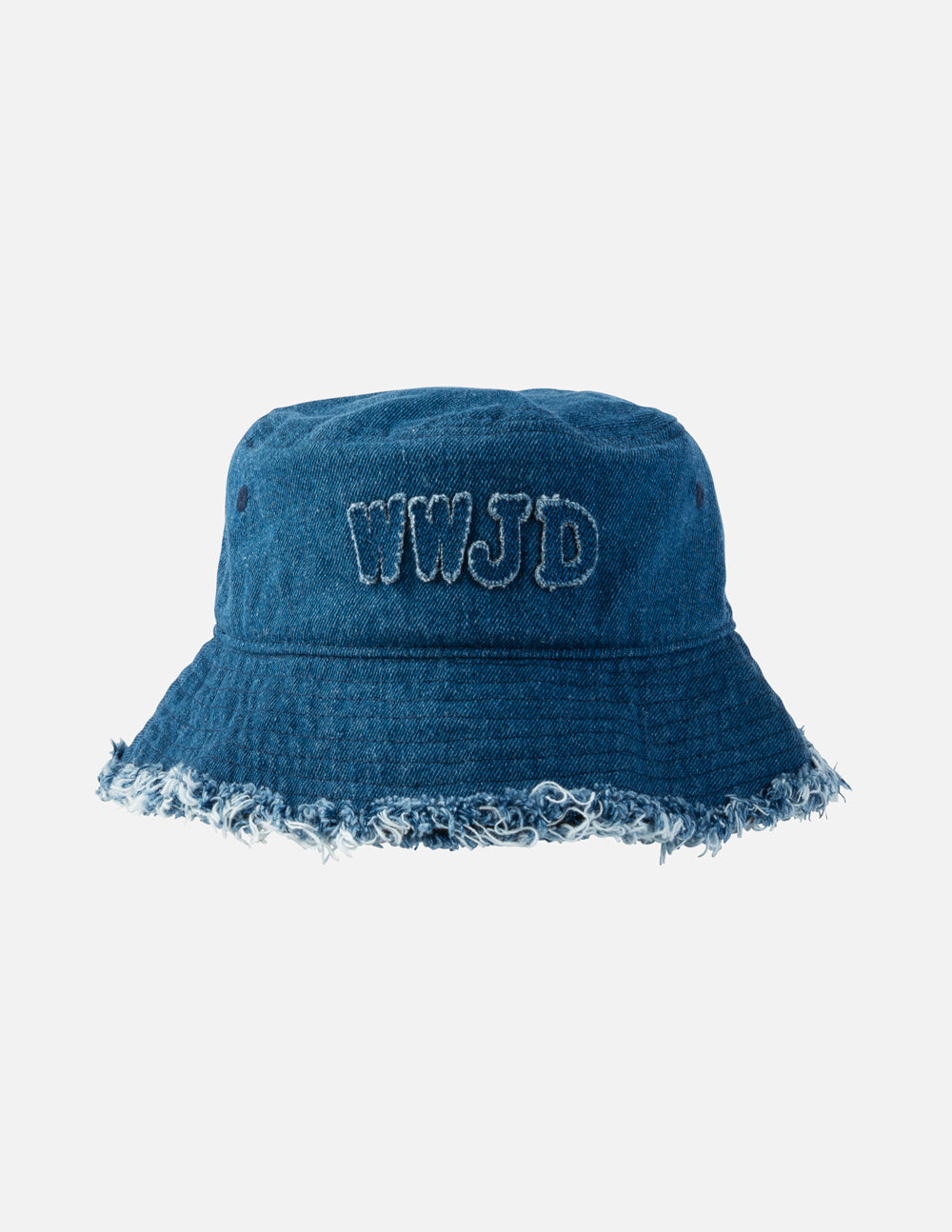 Kids denim bucket hat with WWJD logo from Elevated Faith, featuring a casual, stylish design for children.