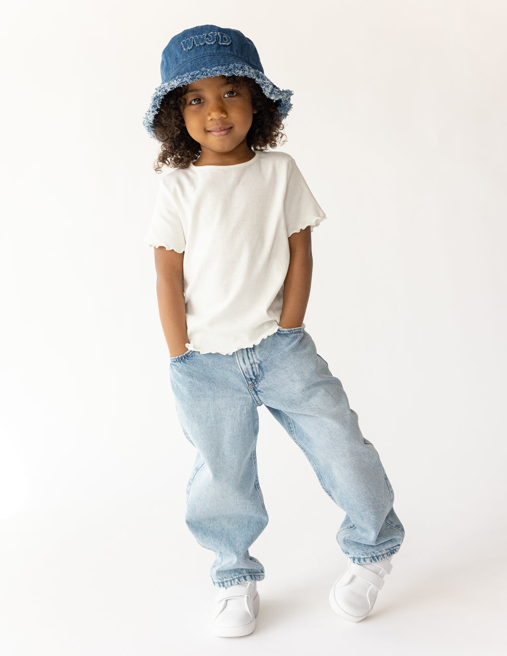 Denim kids bucket hat by Elevated Faith featuring WWJD design, perfect for young children and sunny outdoor wear.