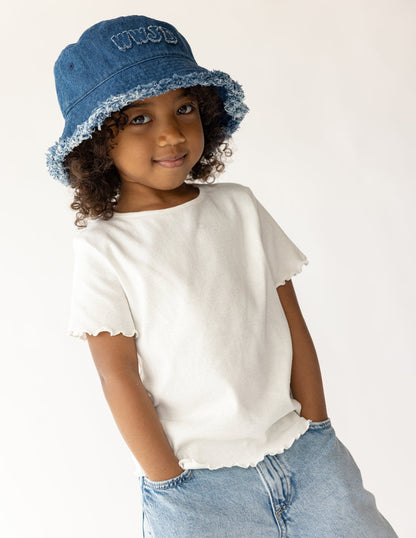 Kids denim bucket hat from Elevated Faith with WWJD logo, perfect for sun protection and stylish casual wear.