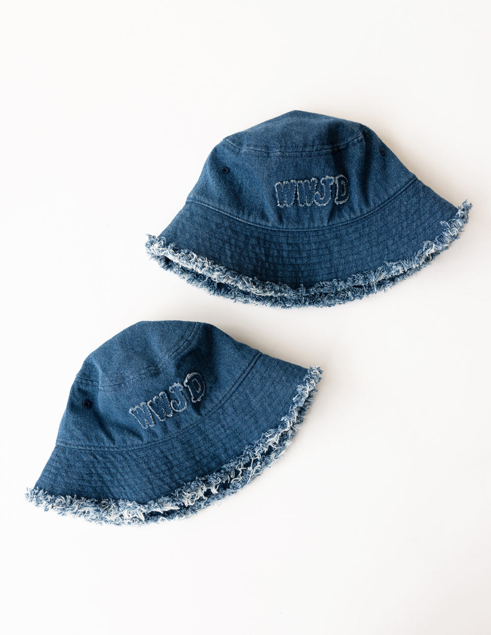 Kids denim bucket hat with WWJD logo, stylish and casual headwear by Elevated Faith for children.