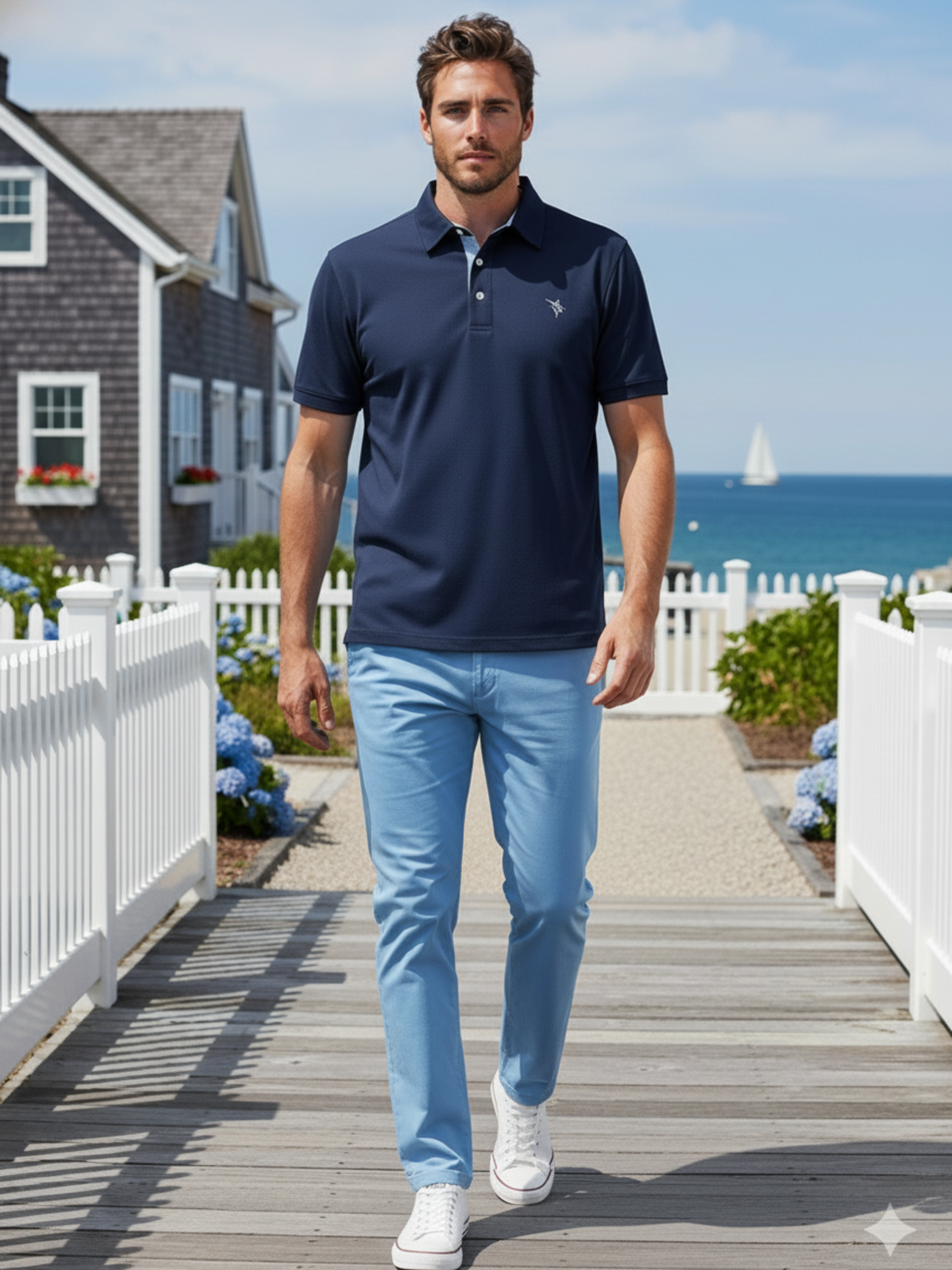 Navy Coastline polo shirt by White Water Life, featuring a classic collar and short sleeves, laid flat for display.