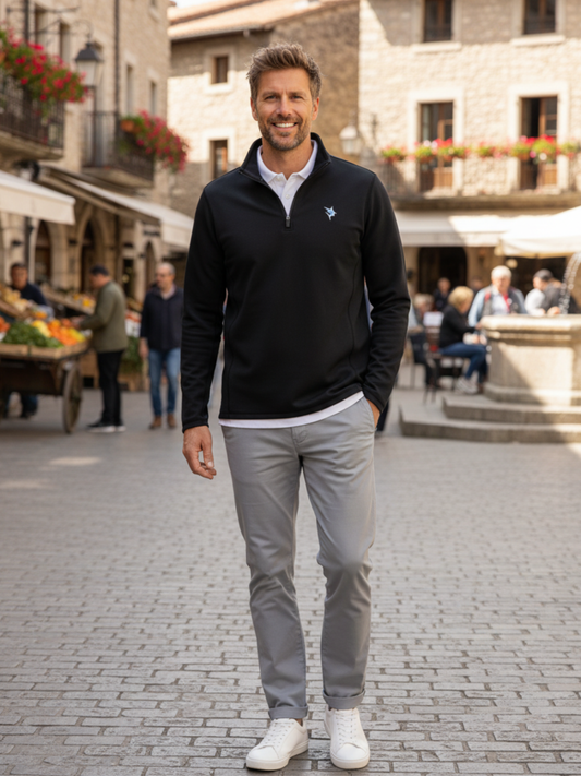 Black White Water Life Montauk quarter zip midweight comfort shirt, shown with a close-up of the zip and fabric texture.