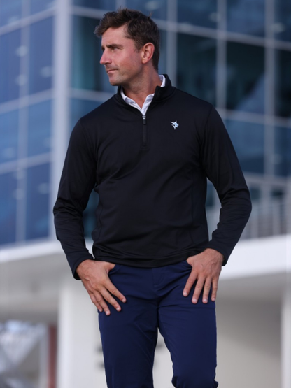 Black White Water Life Montauk quarter zip midweight comfort shirt shown in a close-up image.