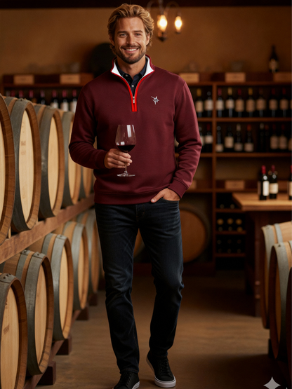 White Water Life Turnberry quarter zip in burgundy, smooth knit fabric, featuring a high collar and front zipper detail.