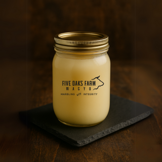 Unrendered Wagyu beef tallow in a container, from Five Oaks Farm Wagyu's FOF The Wagyu Welcome Box.