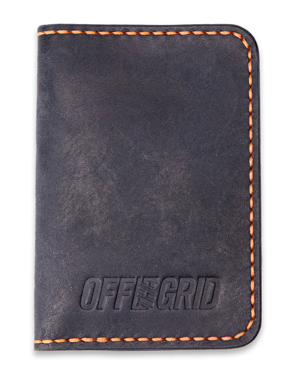 Off The Grid Surplus Borderland Leather Bifold Wallet with stitched edges and multiple card slots, displayed open.