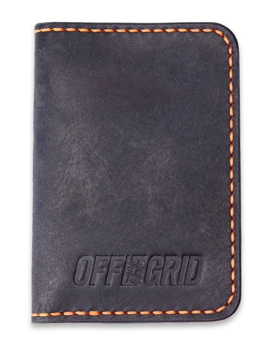 Off The Grid Surplus Borderland Leather Bifold Wallet with stitched edges and multiple card slots, displayed open.