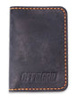 Off The Grid Surplus Borderland Leather Bifold Wallet with stitched edges and multiple card slots, displayed open.
