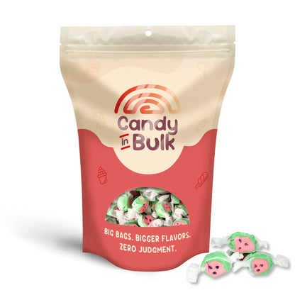 Watermelon-flavored salt water taffy candy from Candy In Bulk in a 1lb bulk bag, showcasing colorful, chewy watermelon candies.