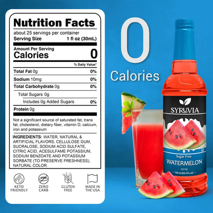 Sugar-free watermelon syrup by Syruvia shown in a clear glass bottle with a bright red liquid and fresh watermelon slices.