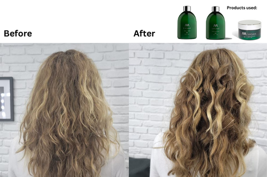 Masami Mekabu Hydrating Shampoo for wavy hair, showing before and after images highlighting improved shine and moisture.