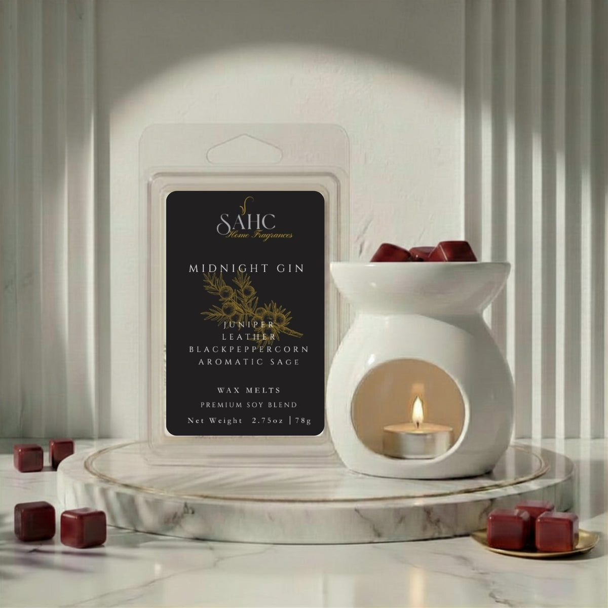 SAHC Home Fragrances Midnight Gin wax melts in a jar, showcasing dark, aromatic wax with a sophisticated fragrance.