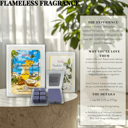 SAHC Home Fragrances Midnight Gin wax melts in a colorful storyboard display, showcasing the product's vibrant packaging and variety.
